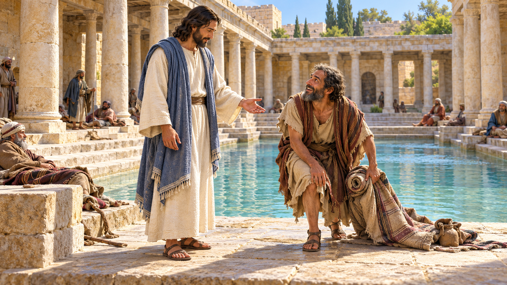Jesus heals a man beside the pool of Bethesda as the man rises with his mat.